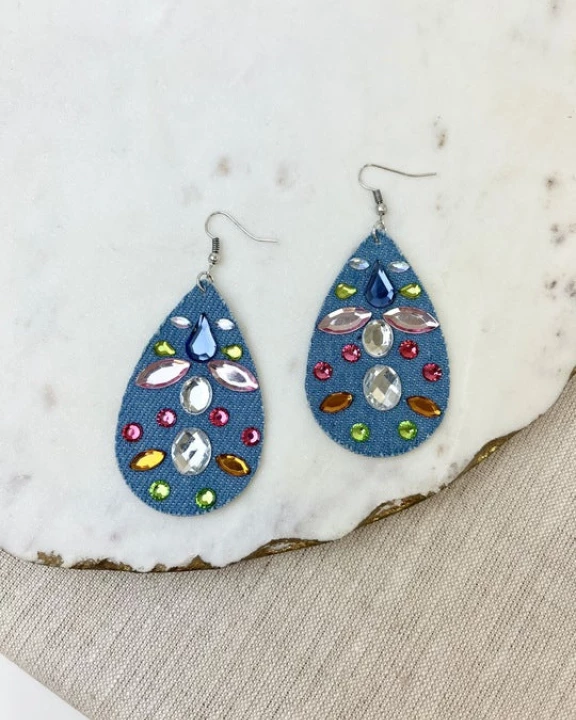 Glitzy Jewel Denim Dangle Earrings