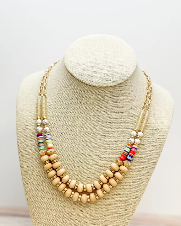 Wood Bead & Rubber Disk Mixed Necklace