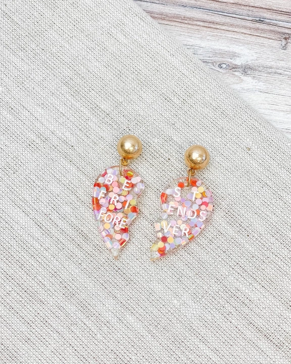 Best Friends Forever Confetti Heart Dangle Earrings