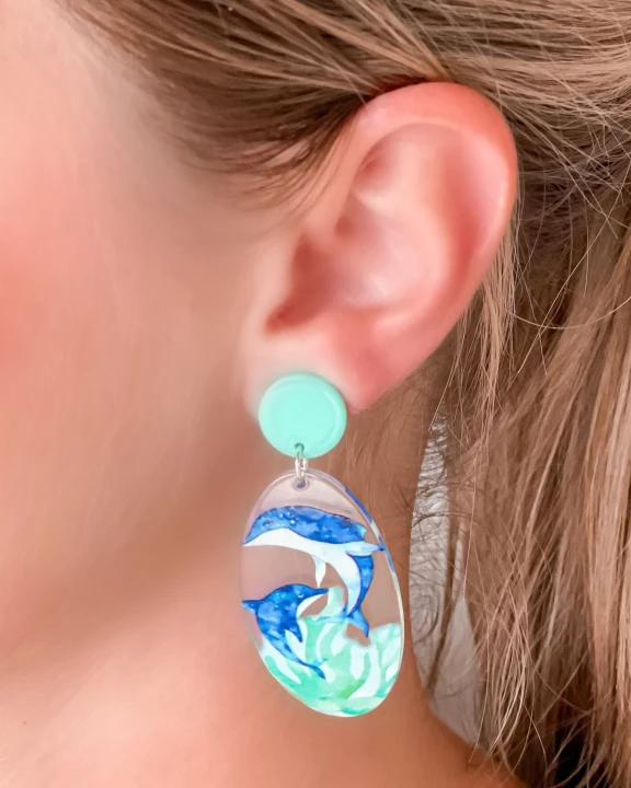 Dolphin Painted Clear Dangle Earrings