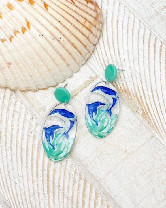 Dolphin Painted Clear Dangle Earrings