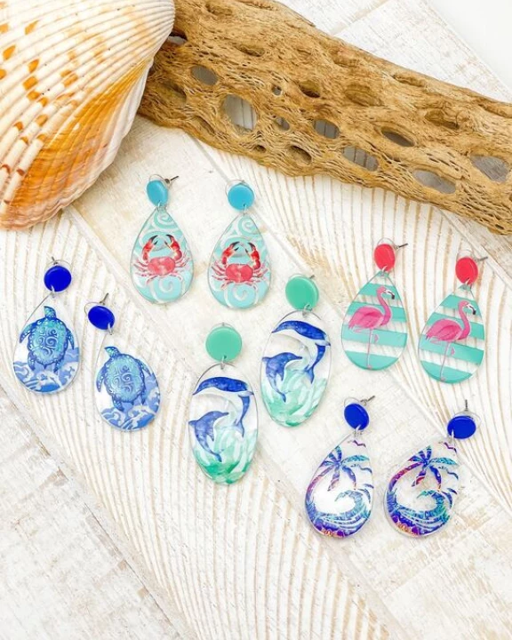 Dolphin Painted Clear Dangle Earrings