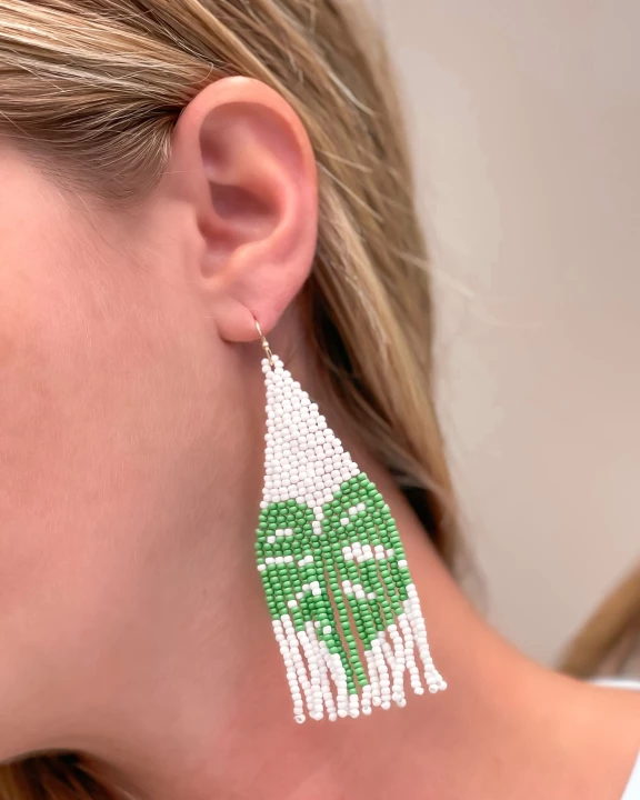 Palm Leaf Fringe Beaded Dangle Earrings