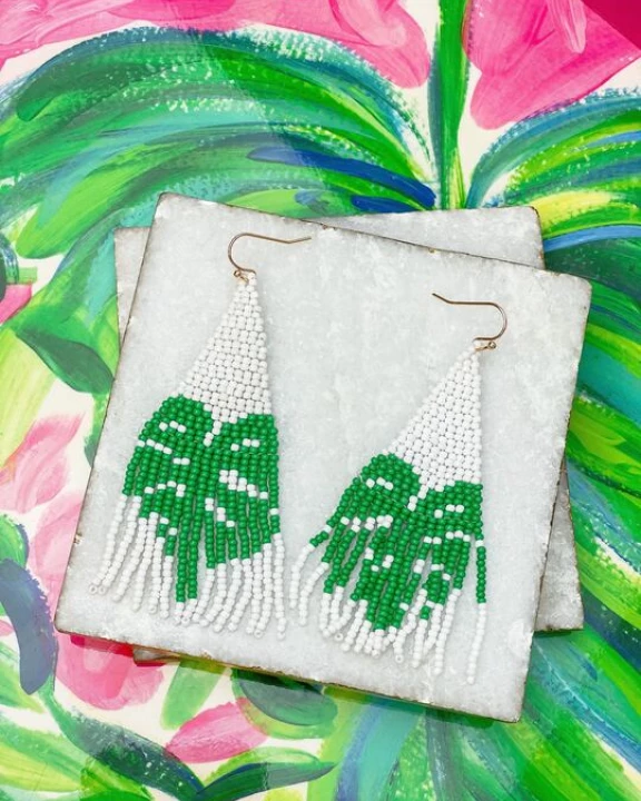 Palm Leaf Fringe Beaded Dangle Earrings