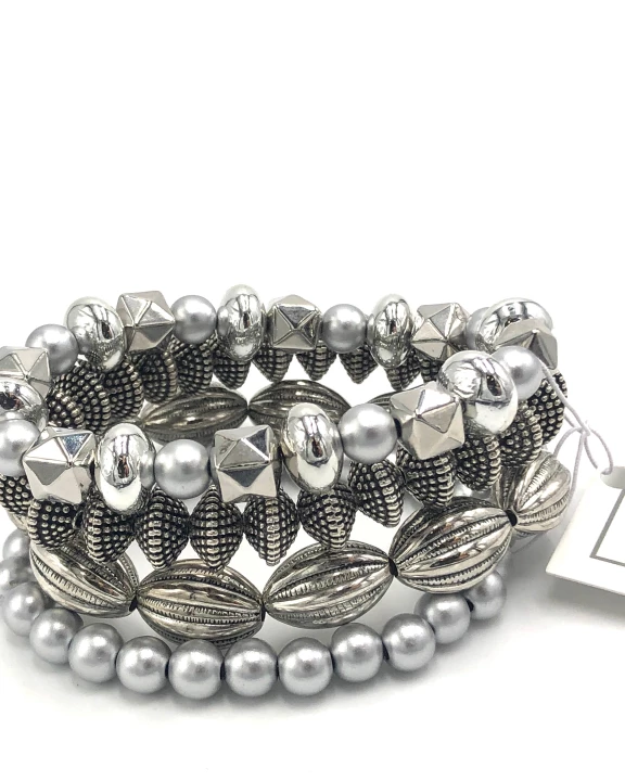 Silver Textured Metallic Stack and Stretch Bracelet Set