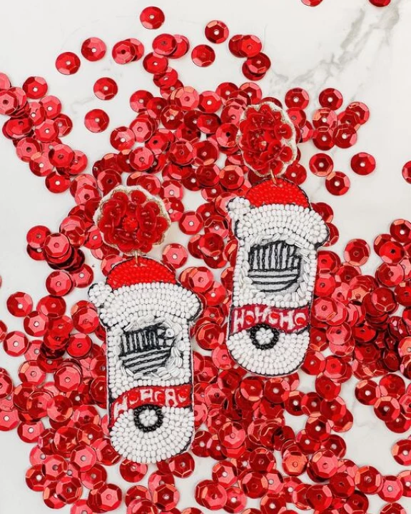 Santa Spiked Seltzer Beaded Dangle Earrings