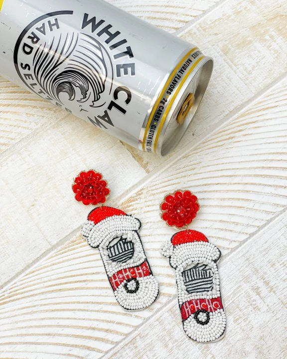 Santa Spiked Seltzer Beaded Dangle Earrings