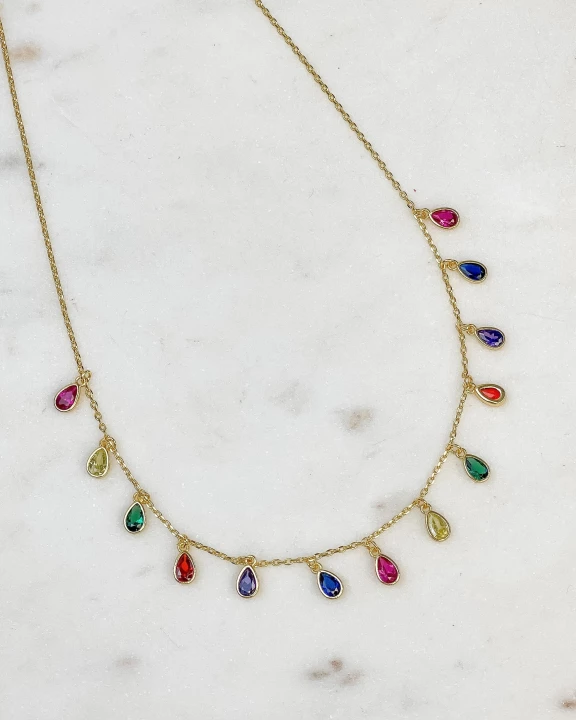 Cubic Zirconia Rainbow Dangle Chain Necklace