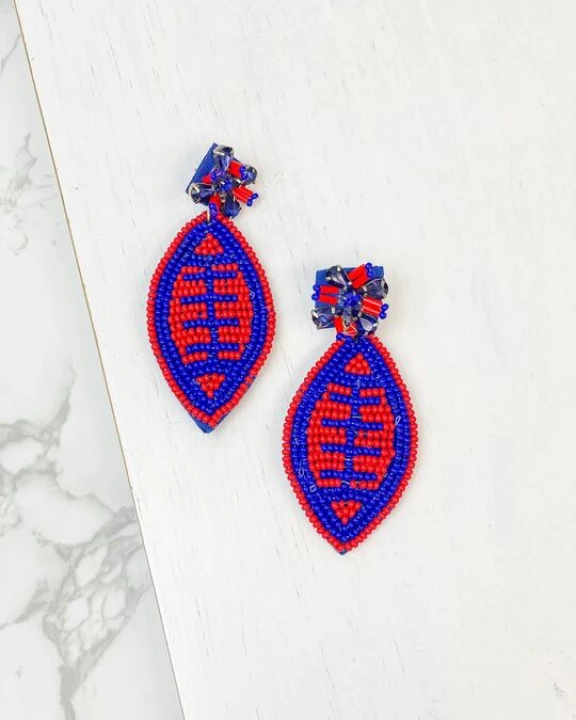 Glitzy Post Football Dangle Earrings - Red & Blue