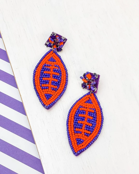 Glitzy Post Football Dangle Earrings - Purple & Orange