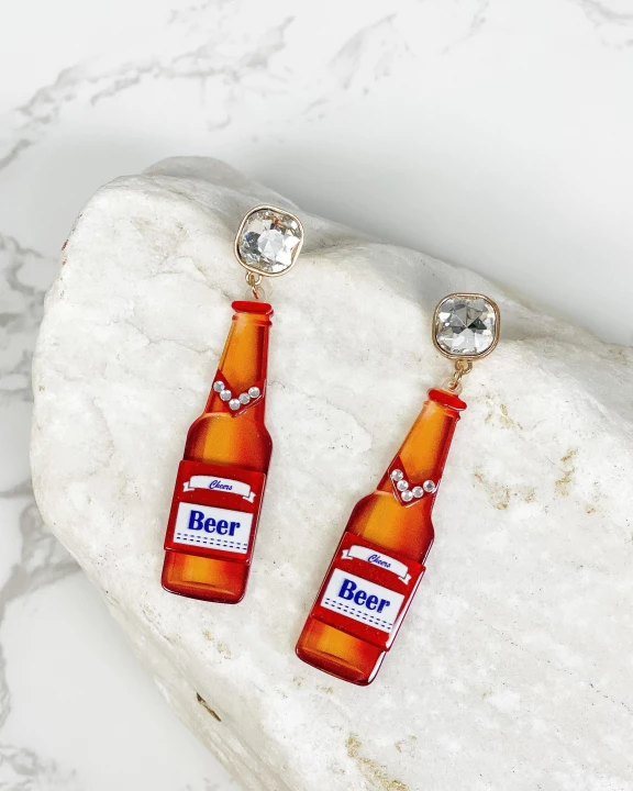 Boozy Bottle Crystal Dangle Earrings - Beer