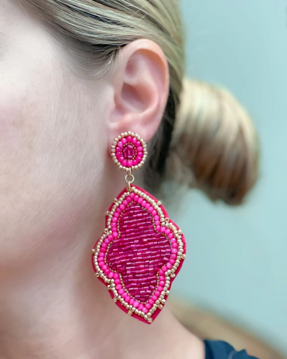 Moroccan Beaded Dangle Earrings - Fuchsia