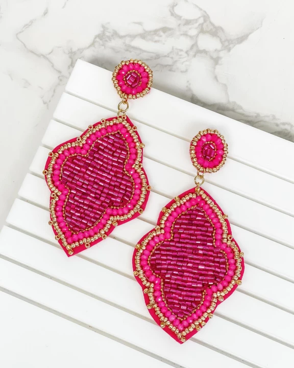 Moroccan Beaded Dangle Earrings - Fuchsia