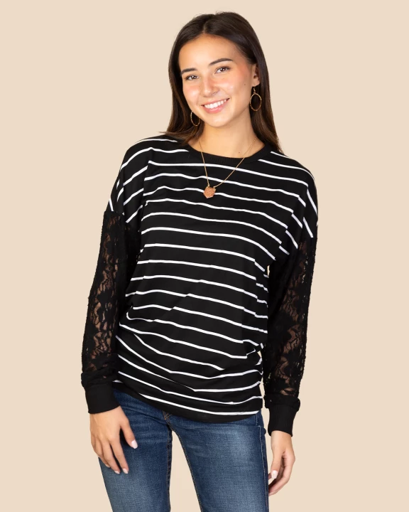 10622 - Striped Top with Lace Sleeves