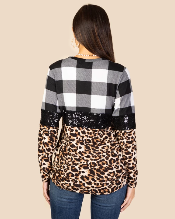 10652 - Plaid and Leopard Sequin Long Sleeve Top