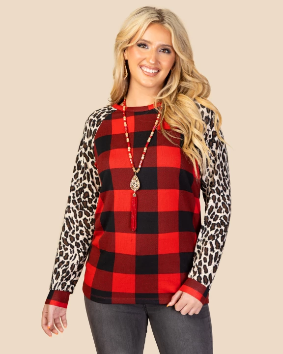 10369 - Buffalo Plaid Top with Leopard Sleeves