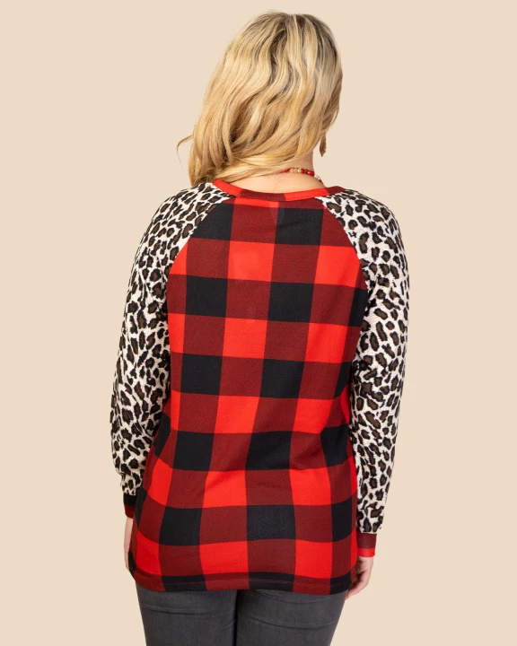 10369 - Buffalo Plaid Top with Leopard Sleeves