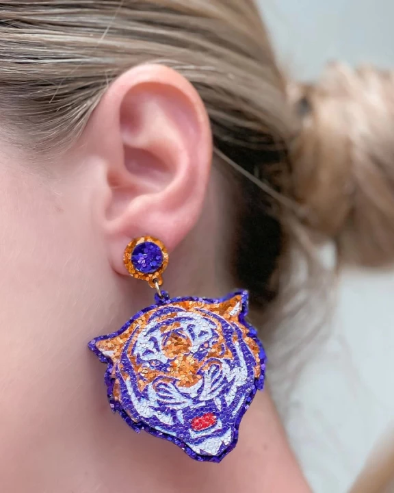 Glitter College Football Tiger Earrings - Orange & Purple