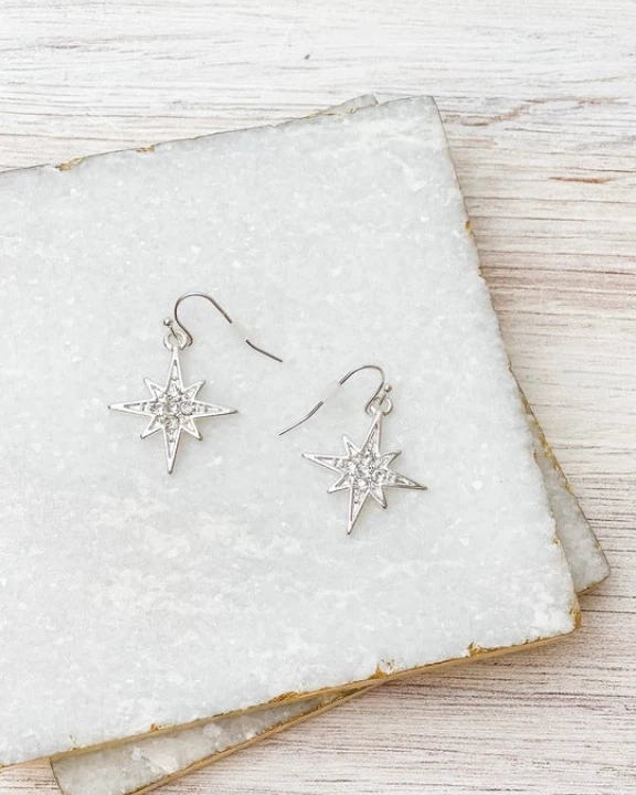 Rhinestone North Star Dangle Earrings - Silver