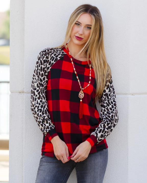 10369 - Buffalo Plaid Top with Leopard Sleeves