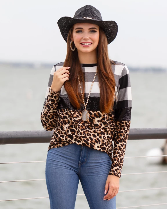 10652 - Plaid and Leopard Sequin Long Sleeve Top