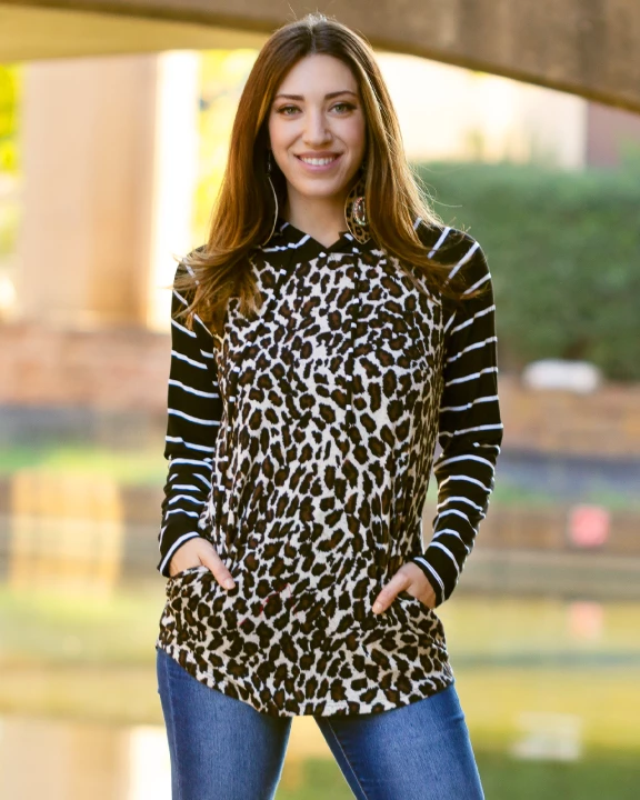 10481 - Leopard and Stripes Hoodie with Pockets