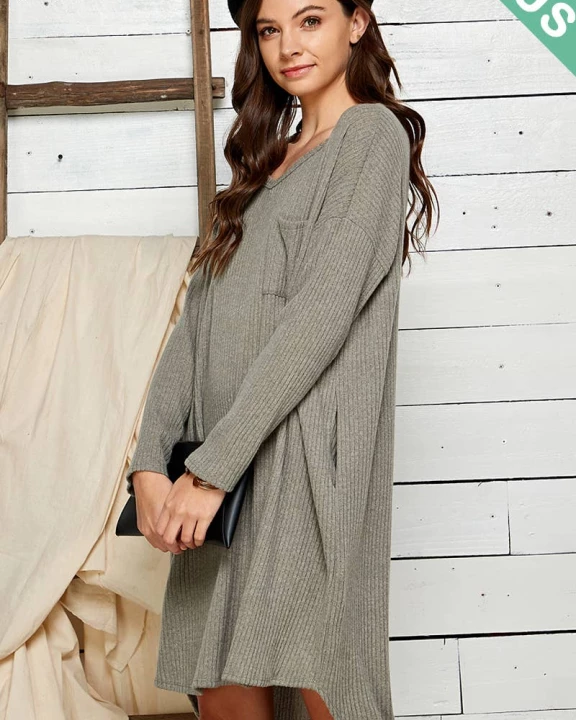 SD21095EP-PLUS SIZE WOMEN ULTRA SOFT RIBBED V NECK DRESS