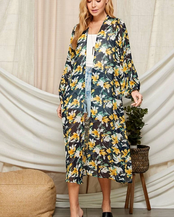 26811(YELLOW)-WOMEN MULTI COLOR FLORAL PRINT SHEER MAXI CARDIGAN