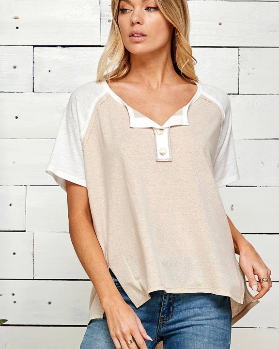 SPT5031-TRIBLEND JERSEY KNIT COLOR BLOCK BUTTONED HENLEY TOP