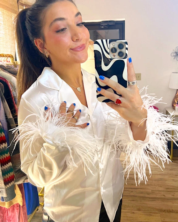 Sybil Feather Cuff Top in White - ETA 10/31