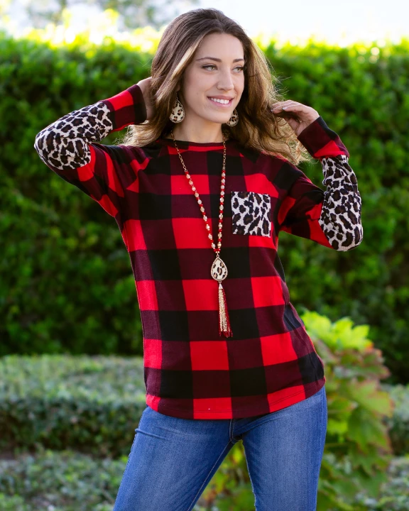 10429 - Plaid and Leopard Long Sleeve Top