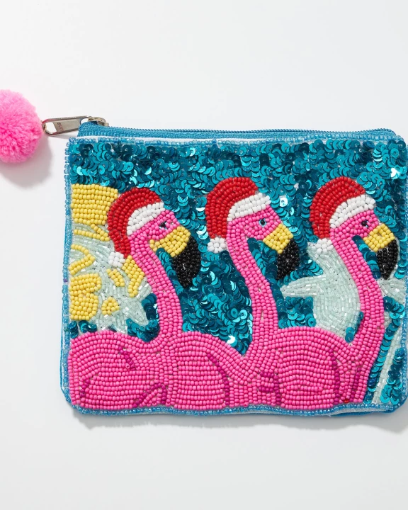 Flamingo Santa Seed Bead Canvas Pouch