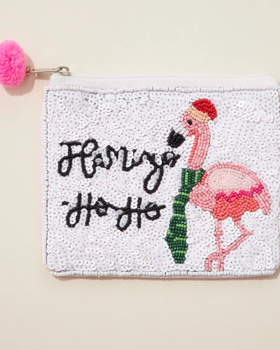Flamingo Ho Ho Seed Bead Canvas Pouch with a Pom