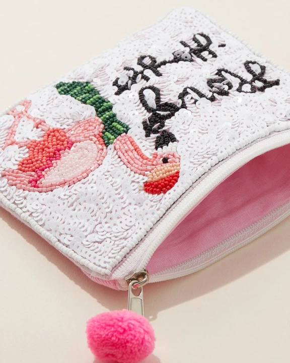 Flamingo Ho Ho Seed Bead Canvas Pouch with a Pom